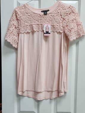 Adrianna Papell Blush Pink Short Sleeve Lace Yoke Top